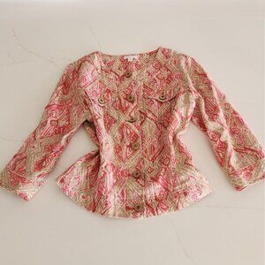 100% Linen Charter Club Sz M Women Button Jacket Shacket Pink Tan AOP Geometric